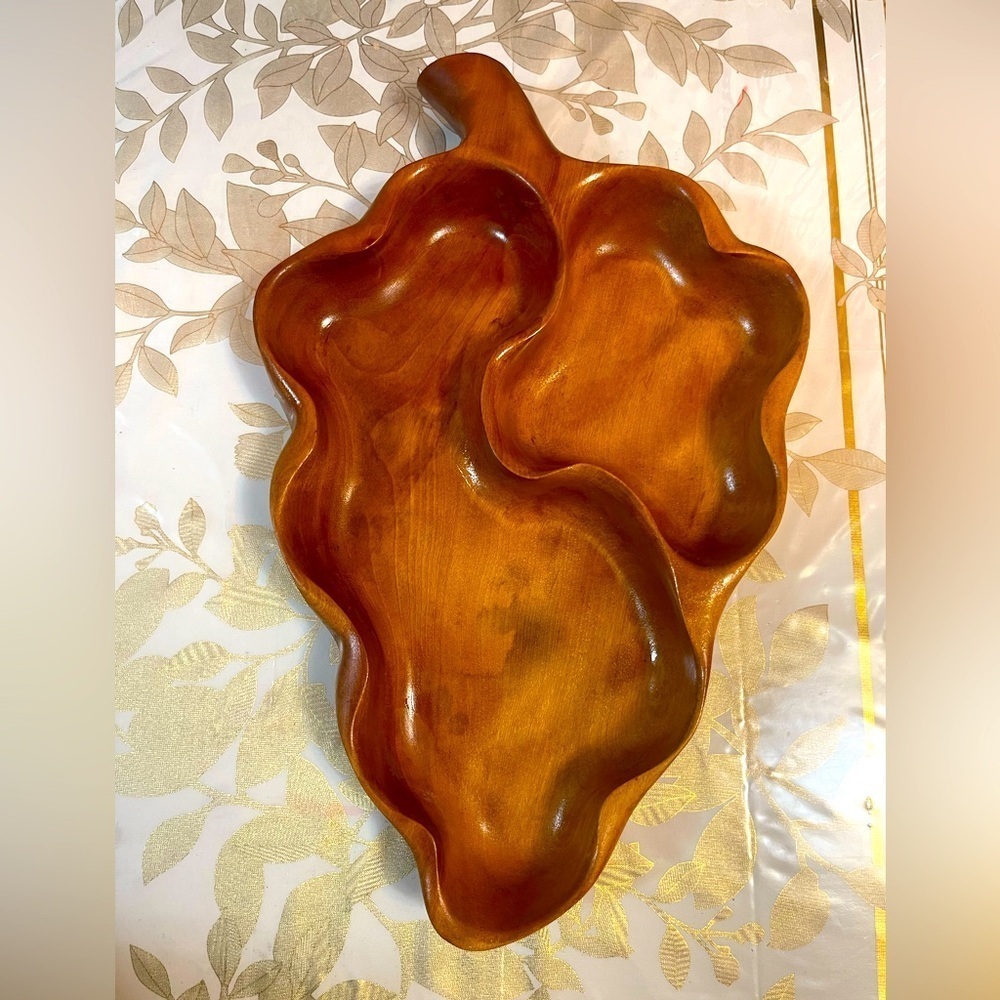 Vintage Wooden Hand Carved Leaf Divided Bowl Large 16”x9” 2 Sections Some Wear